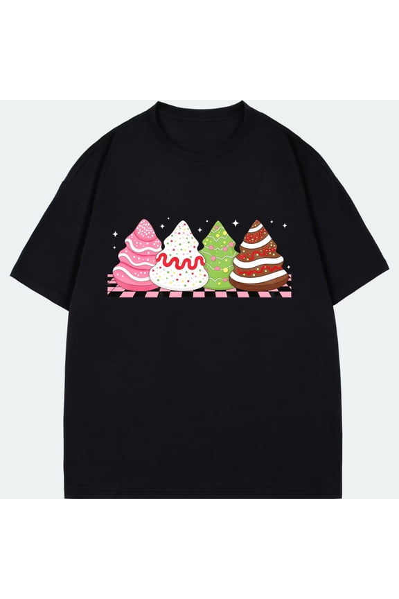 Crewneck T Shirt Black Christmas Cake Tree Print For Holiday Party And Casual Wear