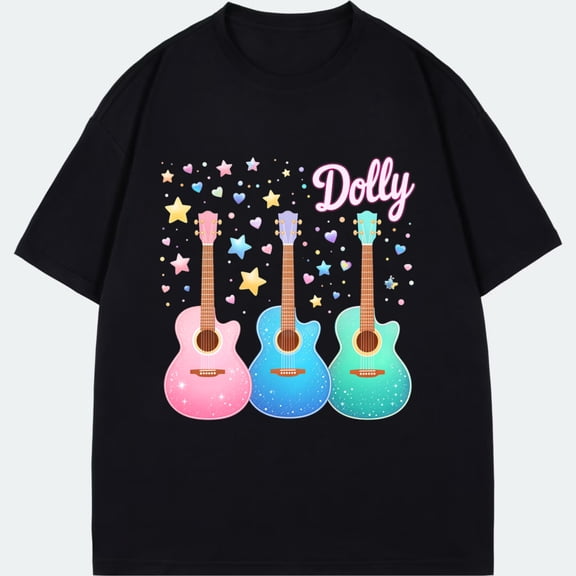 Crewneck T Shirt Black Color Three Guitar With Stars Hearts And Dolly Text Print Casual Wear For Music Lovers
