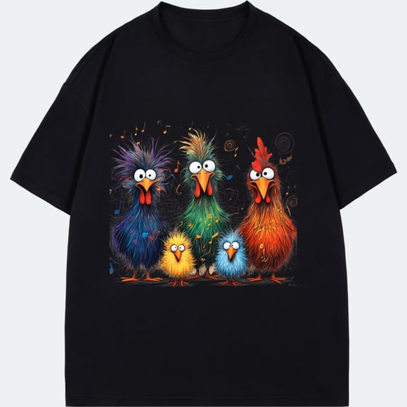 Crewneck T Shirt Black Colorful Chicken Family Music Notes Print Casual Wear For Men Women Unisex Streetwear Fashion Summer Outfit