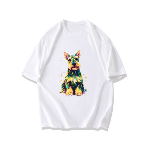 Crewneck T Shirt Black Colorful Dog Art Print For Casual Wear