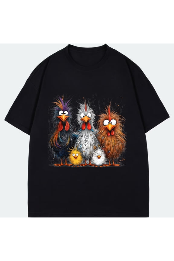 Crewneck T Shirt Black Colorful Rooster And Chicken Family Print Casual Wear For Men Women Unisex Streetwear Fashion Top