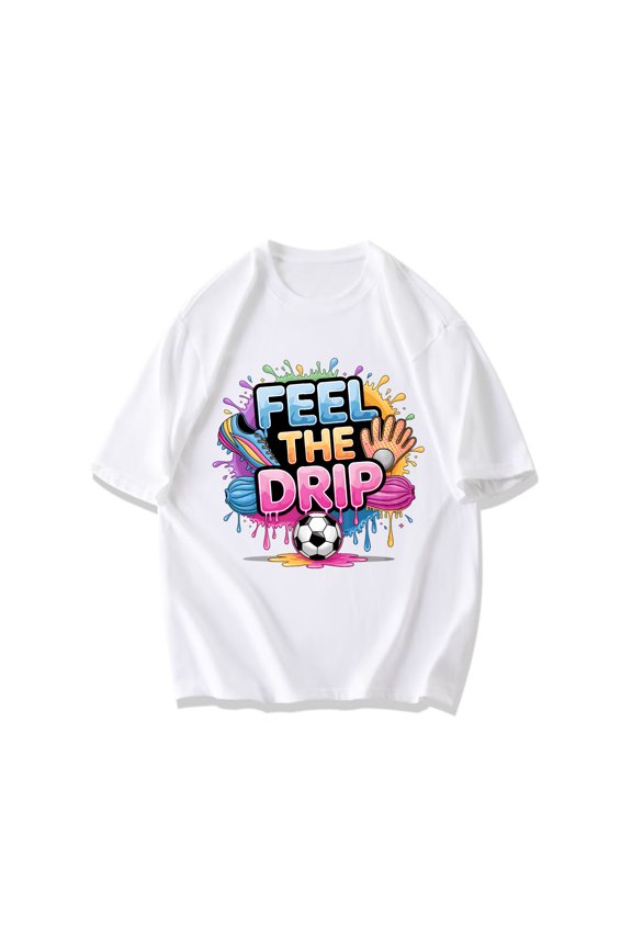 Crewneck T Shirt Black Feel The Drip Soccer Ball And Sneaker Graphic For Casual Wear And Sports Events