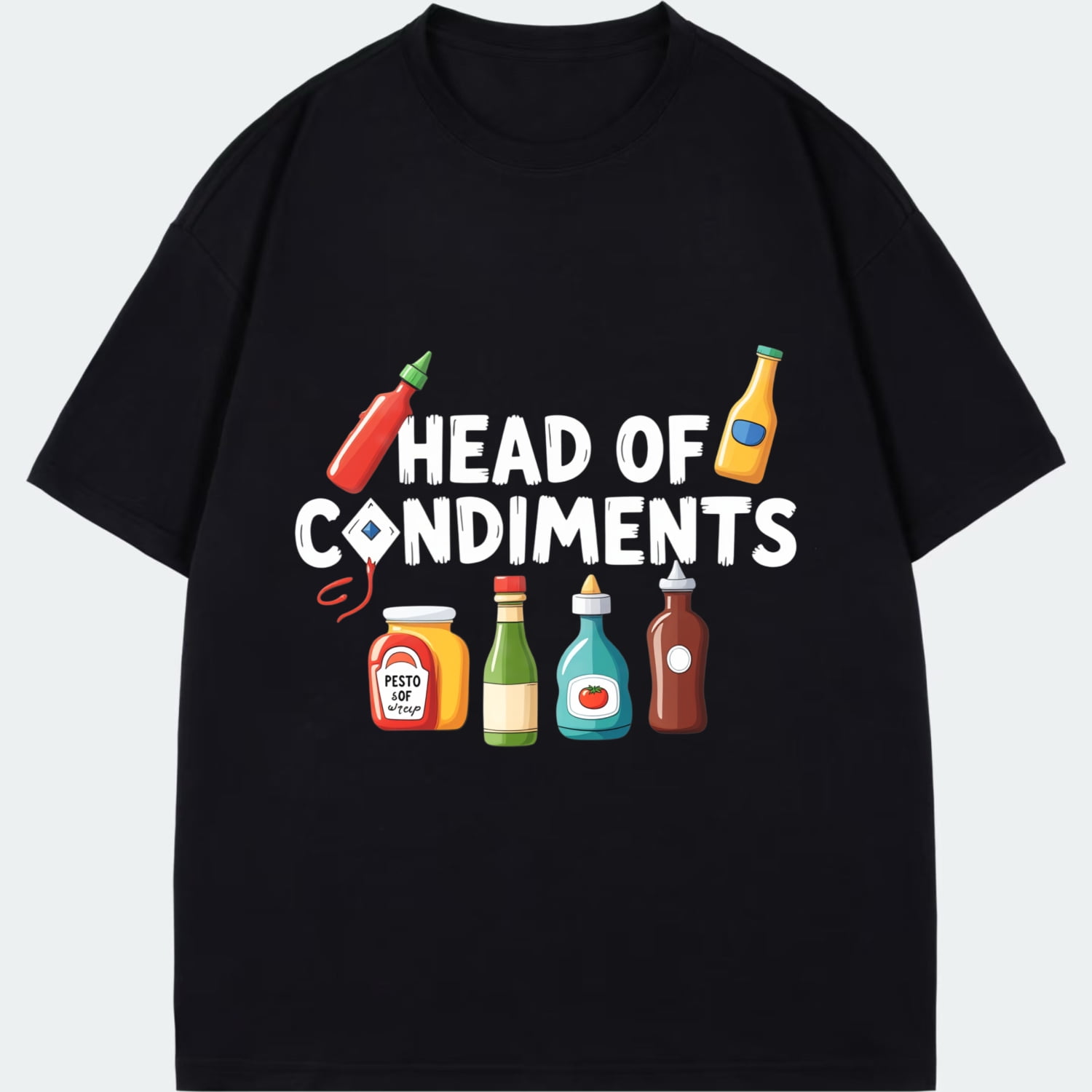 Crewneck T Shirt Black Head Of Condiments With Sauce Bottles And Text ...