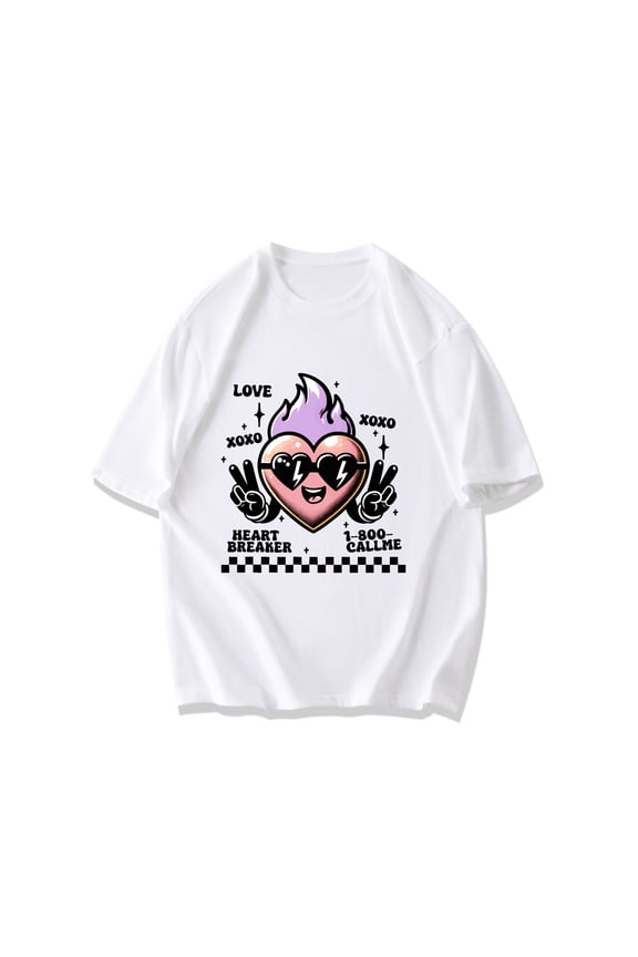 Crewneck T Shirt Black Heart Breaker Flame Heart With Sunglasses And XOXO Love Text For Casual Wear