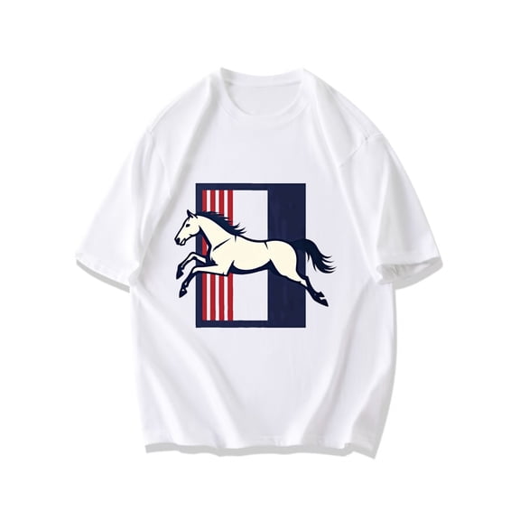 Crewneck T Shirt Black Horse And Flag Design For Casual Wear
