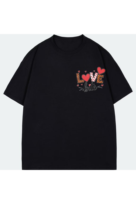 Crewneck T Shirt Black Love Pattern With Hearts And Leopard Print For Casual Wear