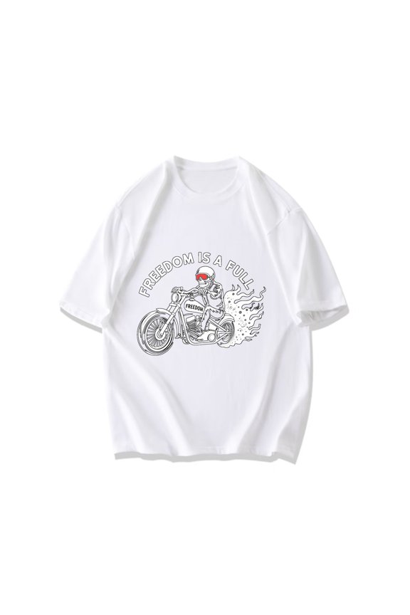 Crewneck T Shirt Black Motorcycle Rider Skull Freedom Text Graphic Print For Biker Enthusiasts And Casual Wear