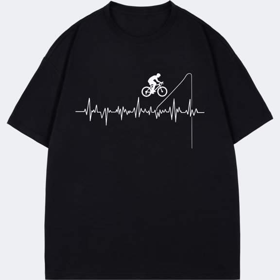 Crewneck T Shirt Black Mountain Biking Heartbeat Pattern Outdoor Adventure Sport Wear