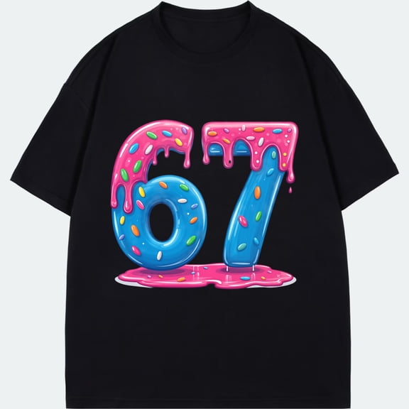 Crewneck T Shirt Black Number 67 With Pink Glaze And Colorful Sprinkles Design For Birthday Celebration Party Wear