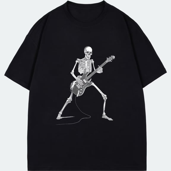 Crewneck T Shirt Black Skeleton Playing Guitar Print Casual Wear For Men Women Music Festival Rock Concert Streetwear