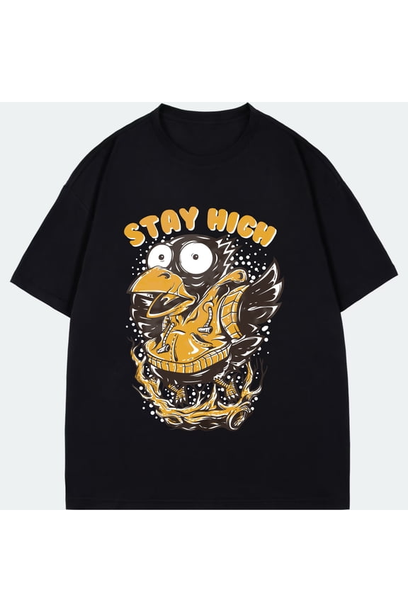 Crewneck T Shirt Black Stay High Eagle Graphic With Text Casual Wear For Men And Women Streetwear Fashion Outfit