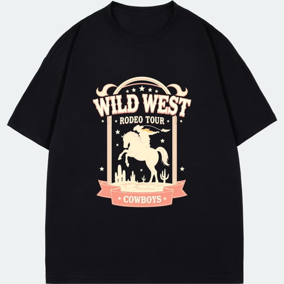 Crewneck T Shirt Black Wild West Rodeo Tour Cowboys Horse And Cactus Print Western Theme Casual Wear For Men And Women Outdoor Activities And Daily Use