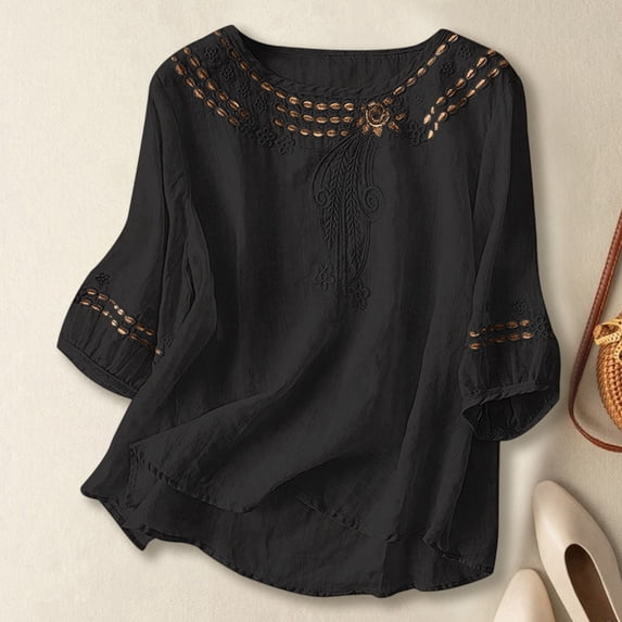 Crewneck T Shirts for Women Spring Short Sleeve Embroidered Print Tops Summer Casual Loose Basic Tee