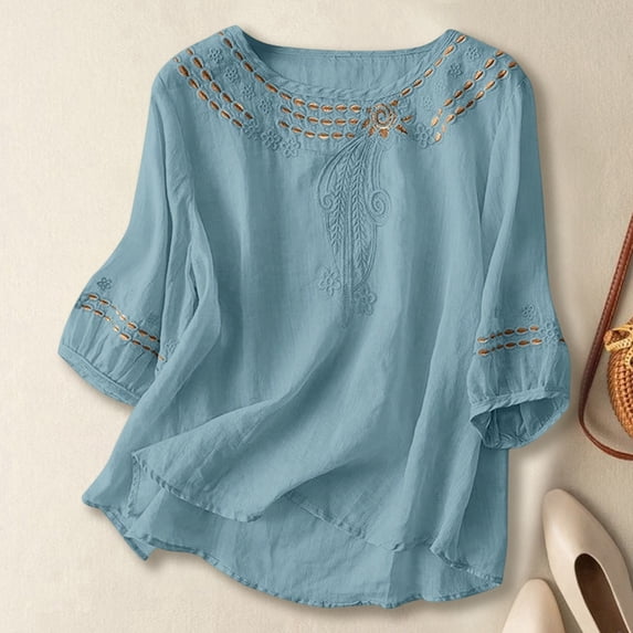 Crewneck T Shirts for Women Spring Short Sleeve Embroidered Print Tops Summer Casual Loose Basic Tee