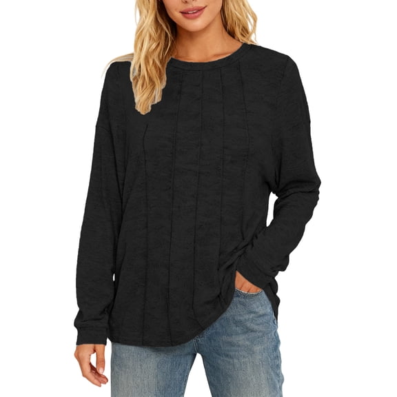 Crewneck Tops for Women Long Sleeve Solid Color Shirts Loose Fit Fall Tees