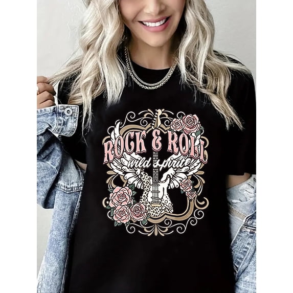 Crewneck Tshirt Country Music Print Short Sleeve Shirt for Women