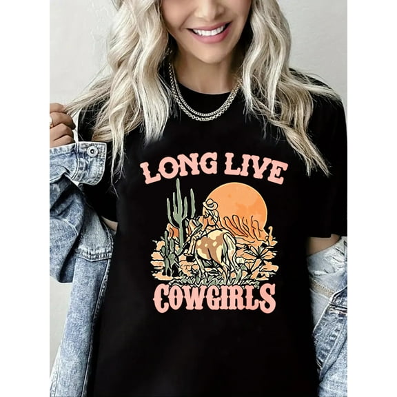 Crewneck Tshirt Long Live Cowgirls Print Short Sleeve Shirt for Women