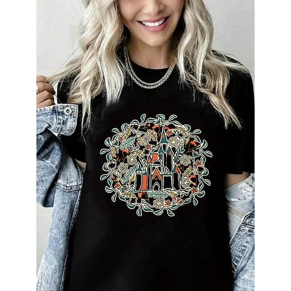 Crewneck Tshirt Magic Kingdom Print Short Sleeve Shirt for Women