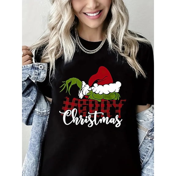 Crewneck Tshirt Merry Christmas Print Short Sleeve Shirt for Women