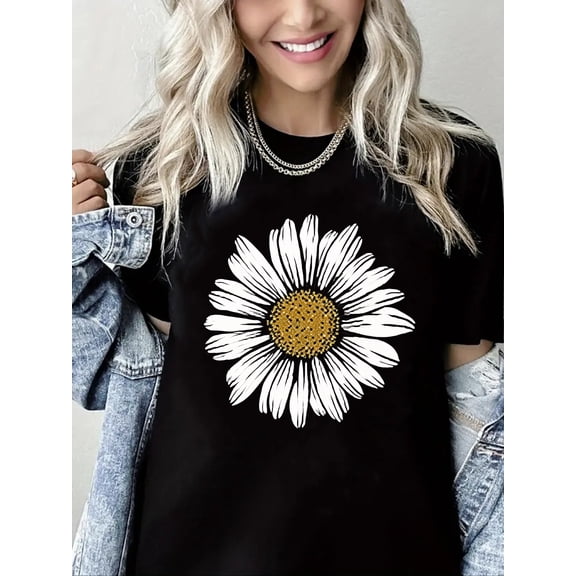 Crewneck Tshirt Sunflower Print Short Sleeve Shirt for Women
