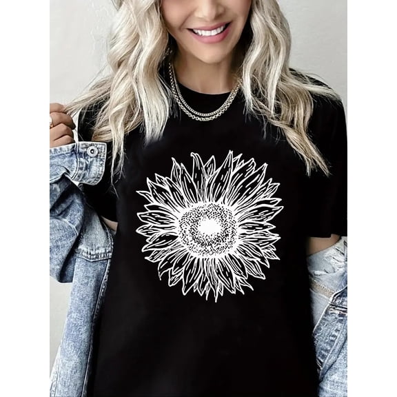 Crewneck Tshirt Sunflower Print Short Sleeve Shirt for Women