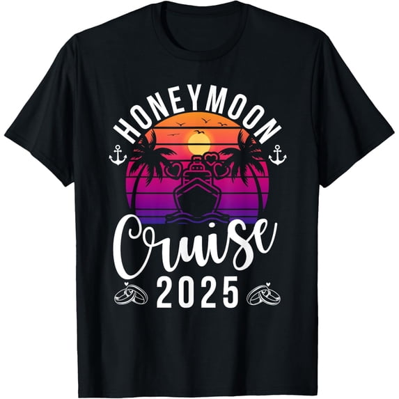 Crewneck Unisex Tee - Honeymoon Cruise 2025 T-Shirt, Unisex Adult, Short Sleeve, Black, X-Small, Crew Neck, Tropical, Retro, Honeymoon, Couples, Anniversary, Travelers