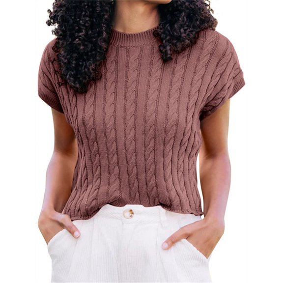 Crewneck Women Short Sleeved Casual Knit Sweater Cable Jumper
