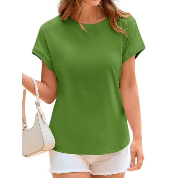 Crewneck Women Solid Color Cap Sleeve Casual Shirt Summer Tops Tees