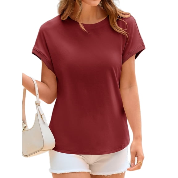 Crewneck Women Solid Color Cap Sleeve Casual Shirt Summer Tops Tees
