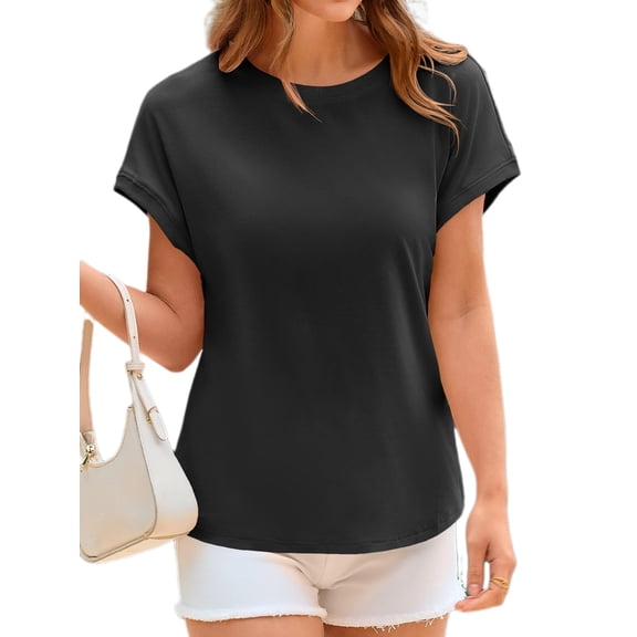 Crewneck Women Solid Color Cap Sleeve Casual Shirt Summer Tops Tees