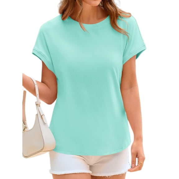 Crewneck Women Solid Color Cap Sleeve Casual Shirt Summer Tops Tees
