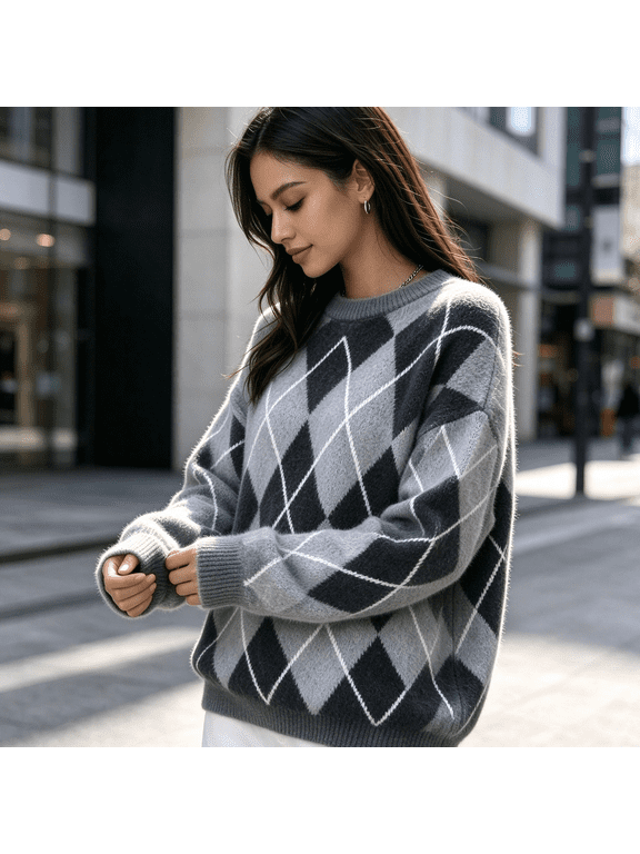 Crewneck Women's Argyle Sweater, Loose Fit Long Sleeve Knit Pullover with Color Block Pattern and Solid Ribbed Sleeve Cuffs