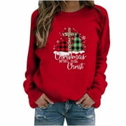 CLESALE Crewneck&nbsp;Sweatshirt&nbsp;Women Tops Christmas Print crewneck Sweater Loose Blouse Hoodless Sweatshirt Red XL