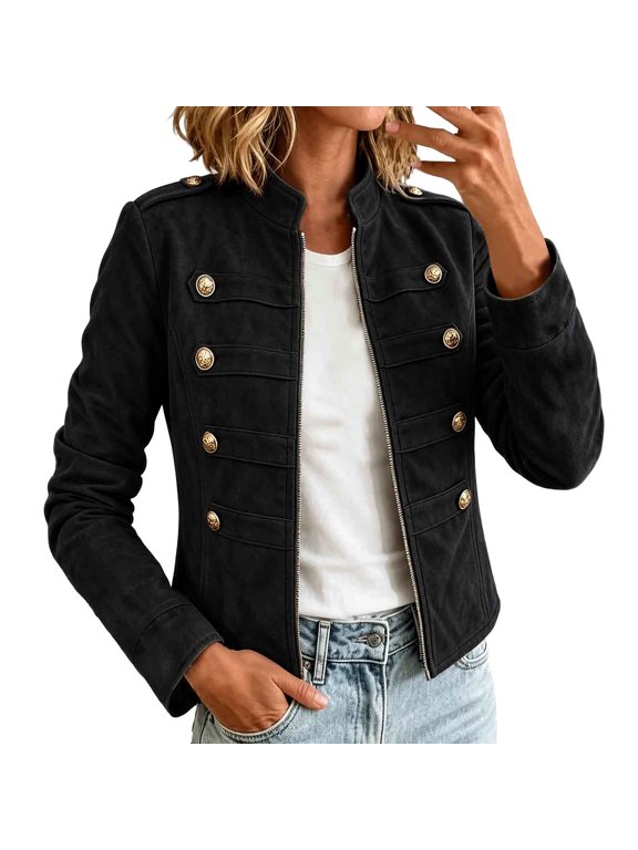 Elegant Jackets for Women Long Sleeve Stand Collar Solid Winter Gold Button Faux Suede Jackets