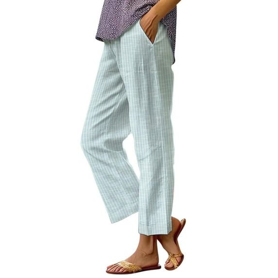 Crgrtght Linen Pants Women Stripe Color Block Capris Pants for Women Casual Straight Leg Capris Pants Drawstring Elastic Waist Floral Pants Cropped Trousers Gauze Summer Pants for Women