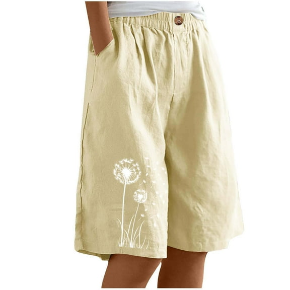 Crgrtght Long Shorts for Women Bermuda Linen Shorts for Women Solid Wide Leg Cotton Linen Knee Length Casual Floral Print Shorts Summer Beach Loose High Waisted Short with Pockets