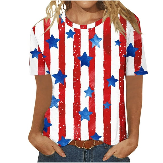 Crgrtght Patriotic Shirts for Women Round Neck Short Sleeved T-Shirt 4th of July Shirts Women Graphic Tees Patriotic T-Shirts USA Flag Star Stripe Tops