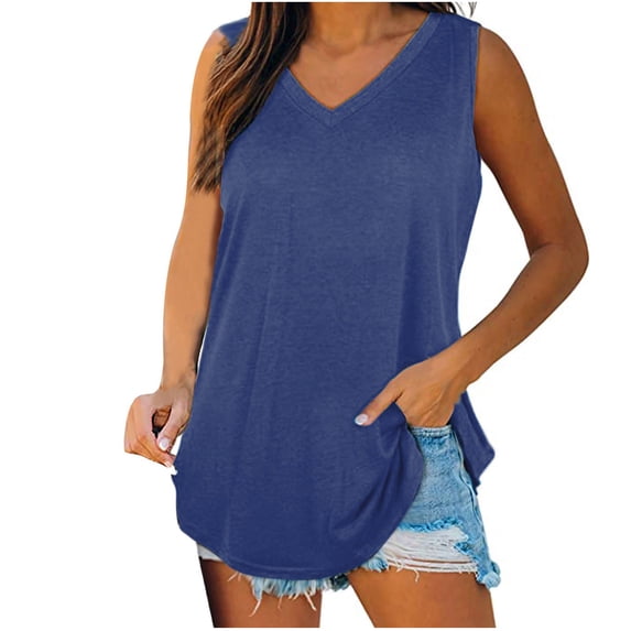 Crgrtght Summer Tank Tops for Women V Neck Sleeveless Casual Loose Flowy Beach Vacation Basic Solid Tank Top, Blue XXL