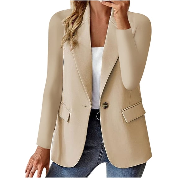 Crgrtght Women Button Collared Long Sleeve Solid Casual Blazer Jacket Slim Fit Work Office Business Coat, Beige XXL