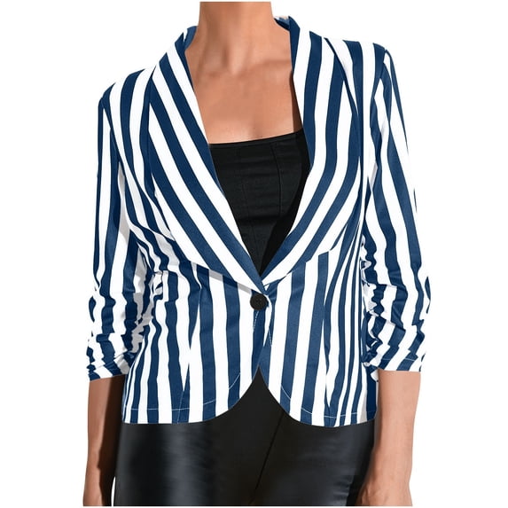 Crgrtght Women Button Down Collared 3/4 Sleeve Striped Fashion Casual Business Work Slim Jacket Lightweight Blazer, Blue XXL