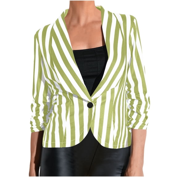 Crgrtght Women Button Down Collared 3/4 Sleeve Striped Fashion Casual Business Work Slim Jacket Lightweight Blazer, Green M