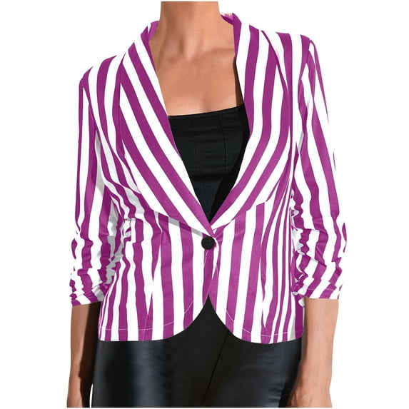 Crgrtght Women Button Down Collared 3/4 Sleeve Striped Fashion Casual Business Work Slim Jacket Lightweight Blazer, Purple XXL