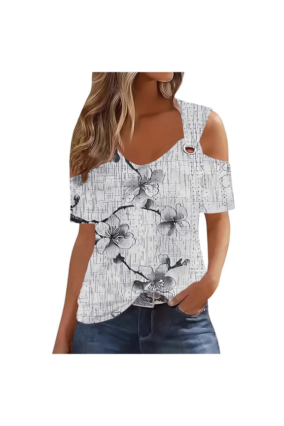 Women Cold Shoulder Cut Out Asymmetric V Neck Short Sleeve Floral Casual Fashion Vacation Slim Tops Blouse Off Shoulder Printed Top, S