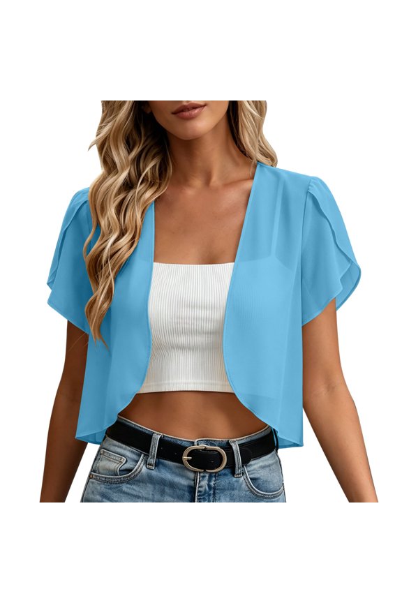 Women Flowy Square Neck Short Sleeve Solid Casual Boho Vacation Beach Loose Crop Top Cardigan Chiffon Breathable Top, Blue XL