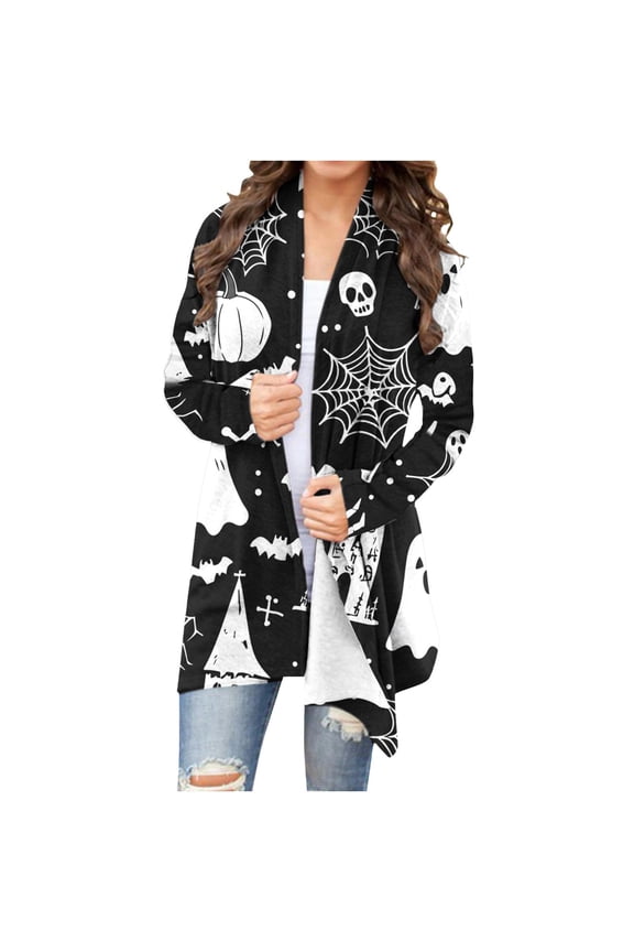 Women Gothic V Neck Long Sleeve Skull Graphic Casual Halloween Party Loose Cardigan Winter Allover Print Cardigan, Black M