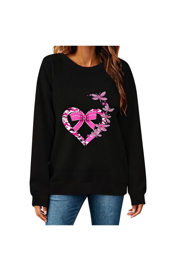 Women Graphic Round Neck Long Sleeve Hearts Cute Casual Comfy Loose Sweater Love Your Breasts Day Top, Black XXL