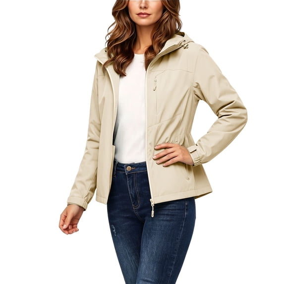 Crgrtght Women Hooded Zip Long Sleeve Solid Casual Travel Jacket Coat Waterproof Hiking Jacket Windproof Outdoor Slim Lightweight Rain Jacket, Beige XXL