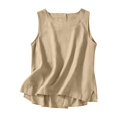 thumbnail image 1 of Crgrtght Women Linen Curved Hem Round Neck Sleeveless Casual Basic Loose Tank Tops Button Shirt, Khaki M, 1 of 7