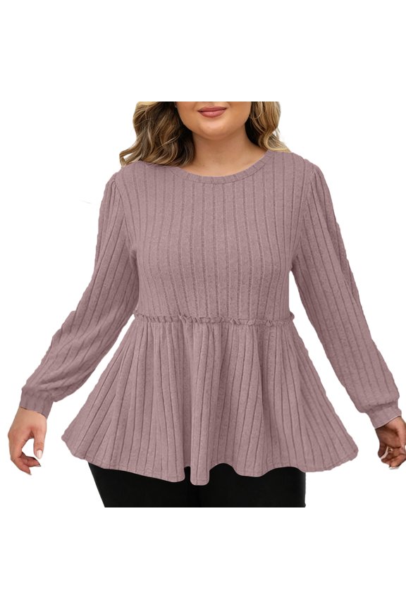 Women Ribbed Puff Sleeve Tops Casual Crew Neck Peplum Pullover Plus Size Solid Comfy Stretchy Sweater, Purple S