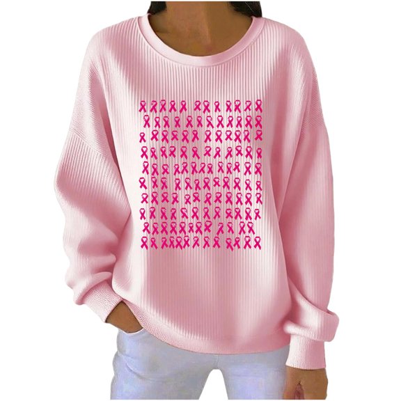 Crgrtght Women Ribbed Round Neck Long Sleeve Graphic Casual Comfy Fashion Breast Cancer Awareness Loose Sweater Vintage Humor Printed Top, Pink XXL